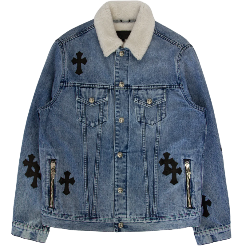 Leather Patch Shearling Blue Denim Trucker , Chrome Hearts