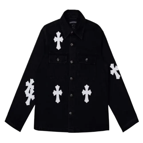 White Leather Patch Denim Jacket , Chrome Hearts